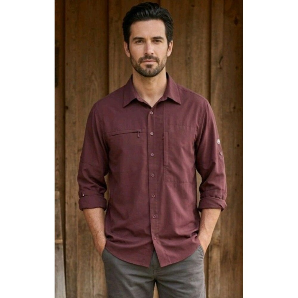 Solaris Men's Shirt Size L Button Long Sleeve Purple Vent Pockets Tab Sleeves...